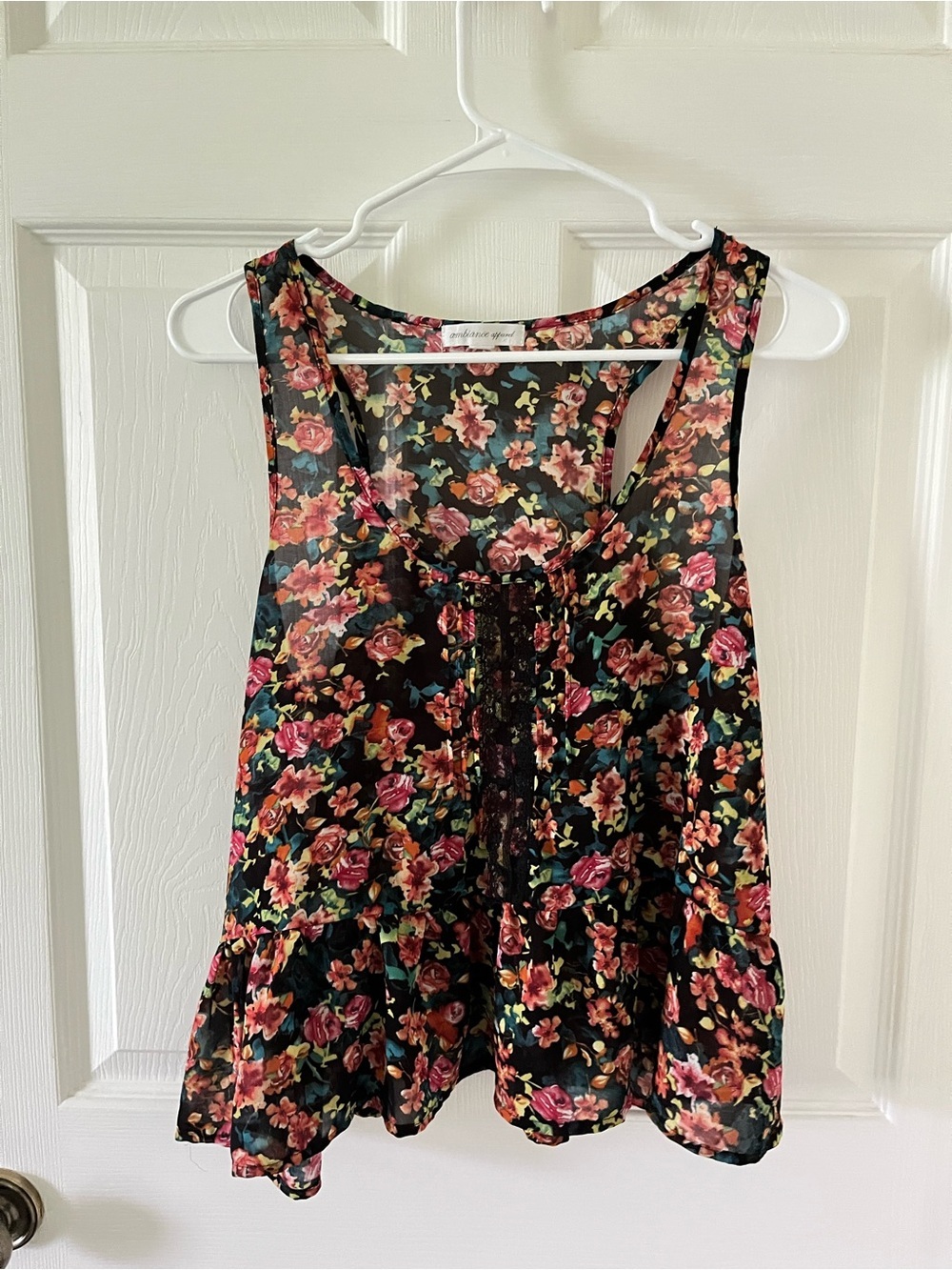 Ambiance Floral Lace-Detail Black Sheer Camisole